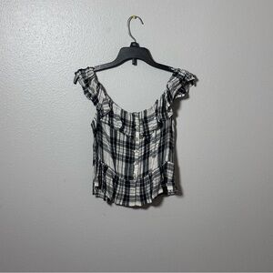 American Eagle Women Plaid‎ black/white  Off Shoulder Top Size XS